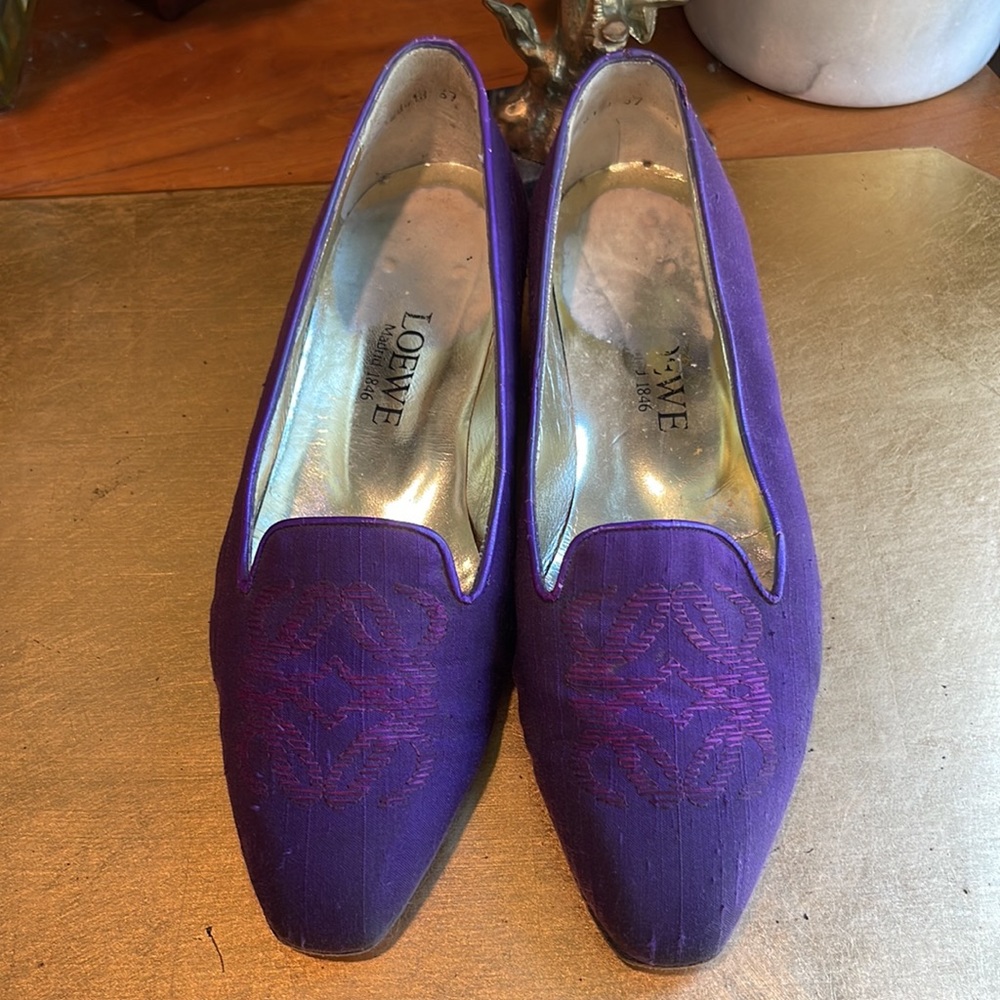 Loewe Monogram Loafers in Purple Embroidered Silk